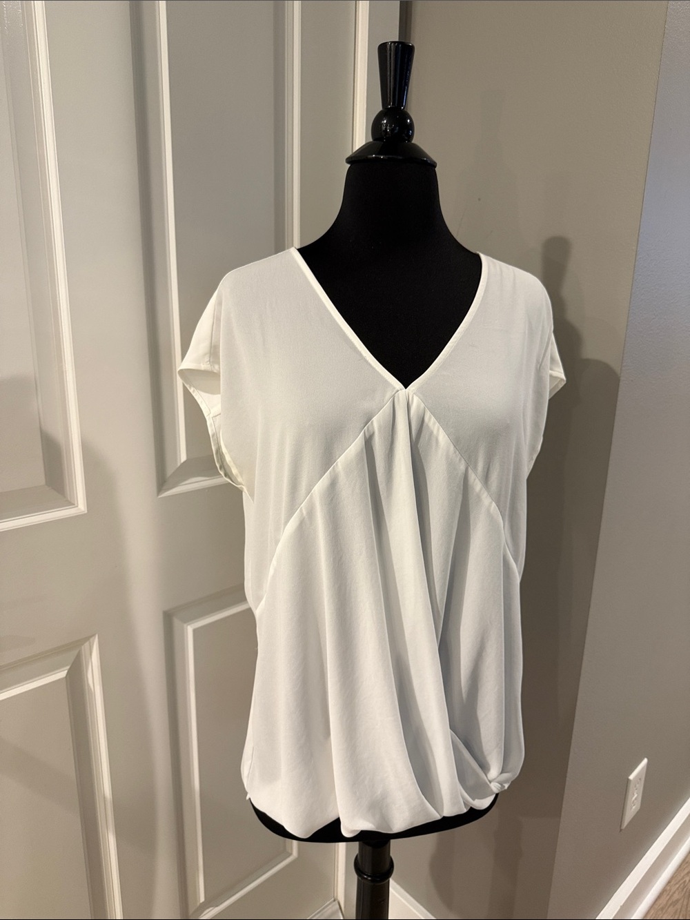 Ro & De White V-Neck Draped Front Blouse